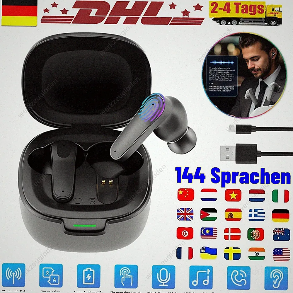 144 Sprachen AI Übersetzer Ohrhörer Echtzeit Übersetzer Kopfhörer Smart Voice DE