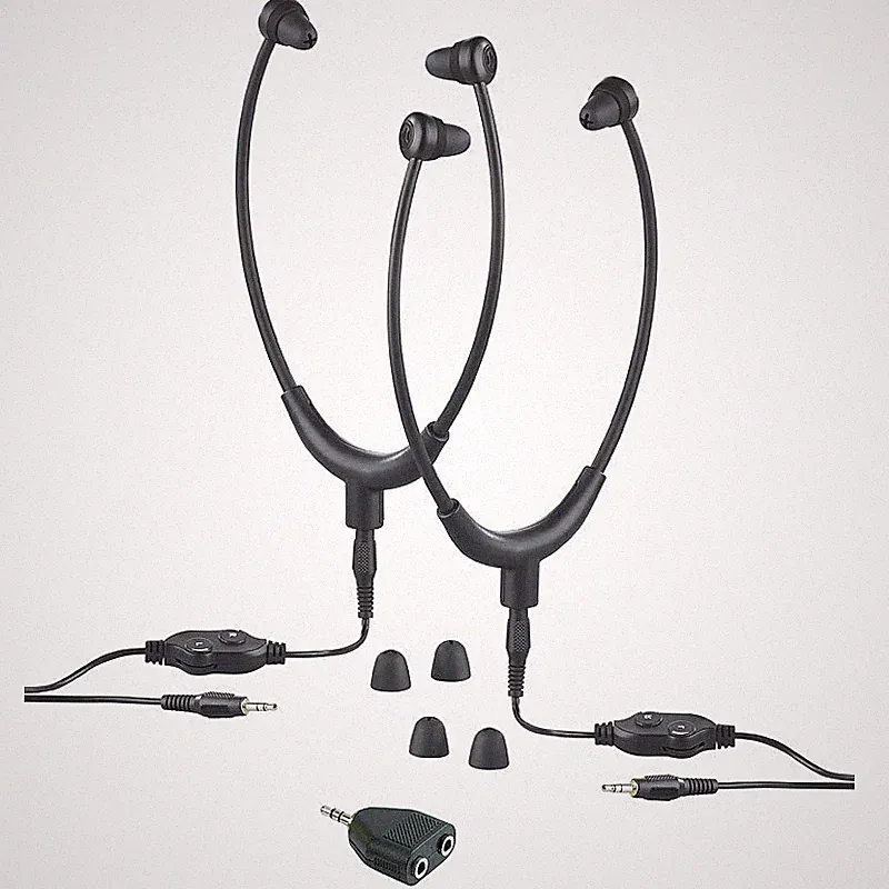 2 TV-Kinnbügel-Kopfhörer, Stereo-Verteiler, 3,5-mm-Klinke, bis 117 dB