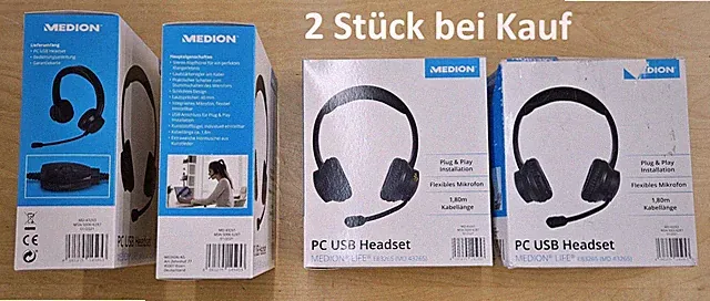 2x MEDION OverEar Kopfhörer PC USB-Headset Bügelmikrofon PC Laptop Home Office