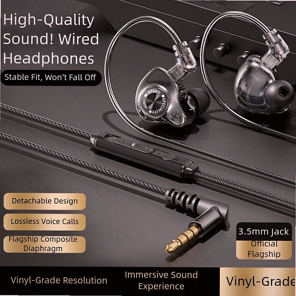 3,5 mm In-Ear Kopfhörer abnehmbares Kabel Lautstärkeregler ABS Nylon schwarz