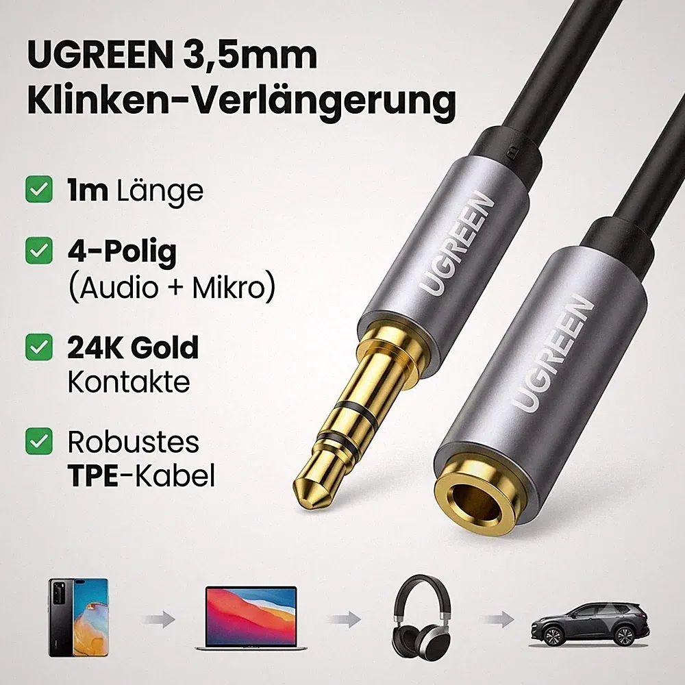 3,5mm Klinken Verlängerung 1m Aux Kabel Kopfhörer Audio 4-Polig Silber Ugreen