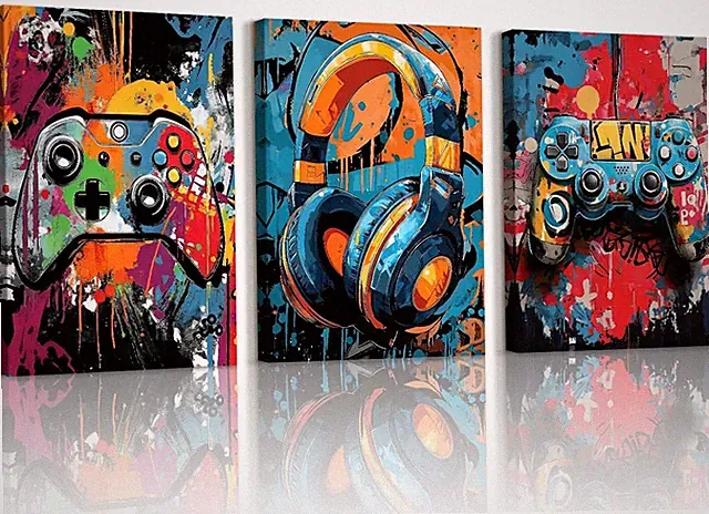 3 Stück Graffiti Gaming Leinwand Bilder Kunstdrucke Gerahmt, Bunte Kopfhörer G
