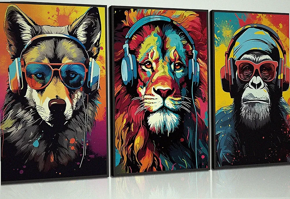 3 x Gaming-Wandkunst, Tier-Graffiti-Poster, Bilder mit Kopfhörern