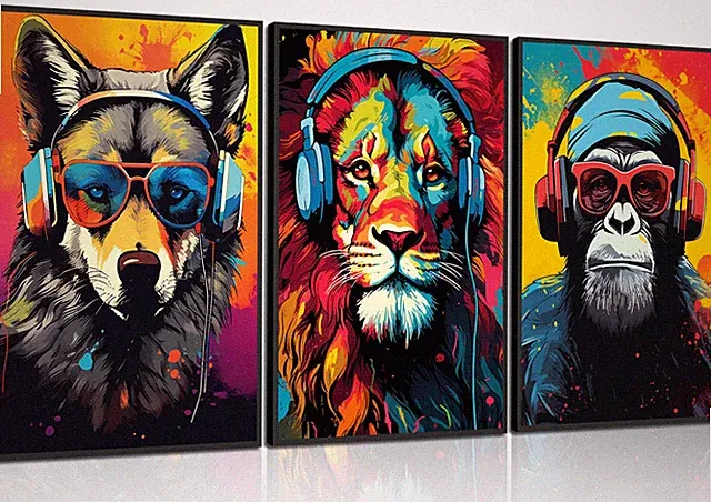 3 x GamingWandkunst, TierGraffitiPoster, Bilder mit Kopfhörern, Sonnenbrille,...