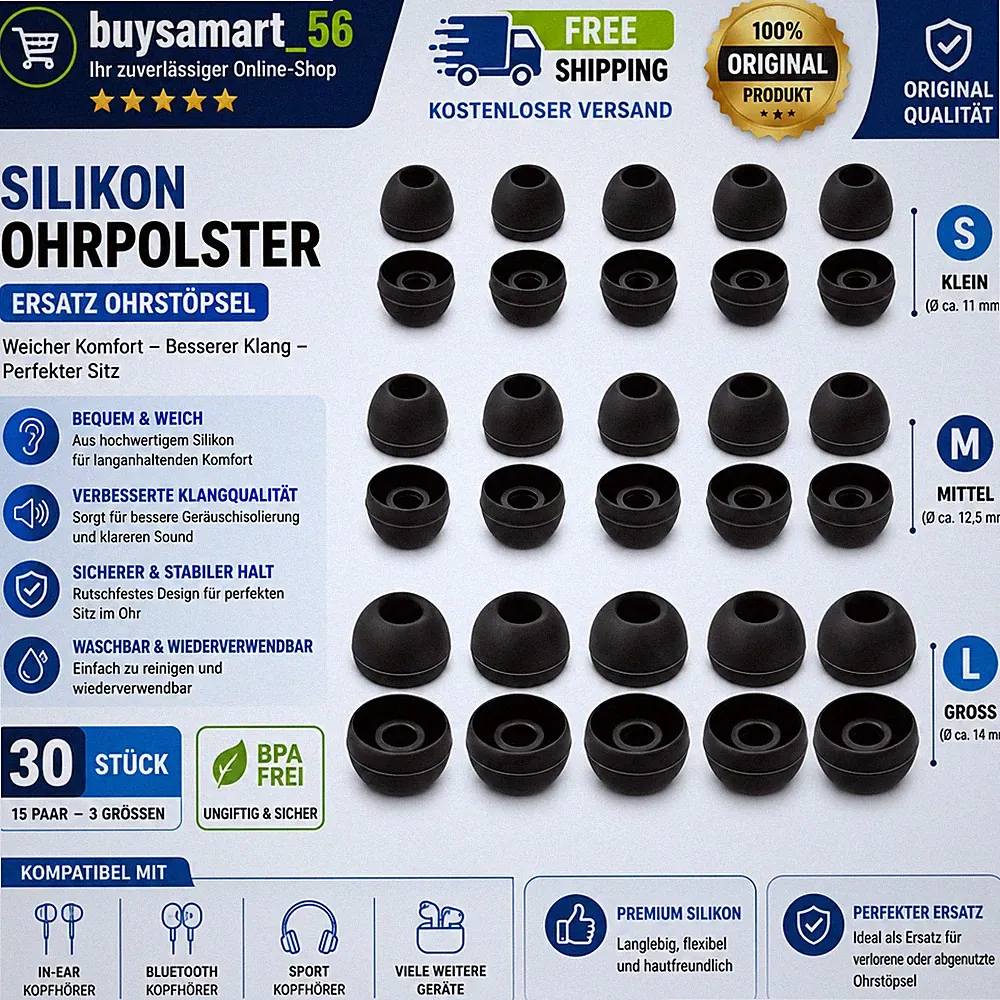 30 Stück Silikon Ohrstöpsel Aufsätze Ersatz für In-Ear Kopfhörer 3 Größen Schwar