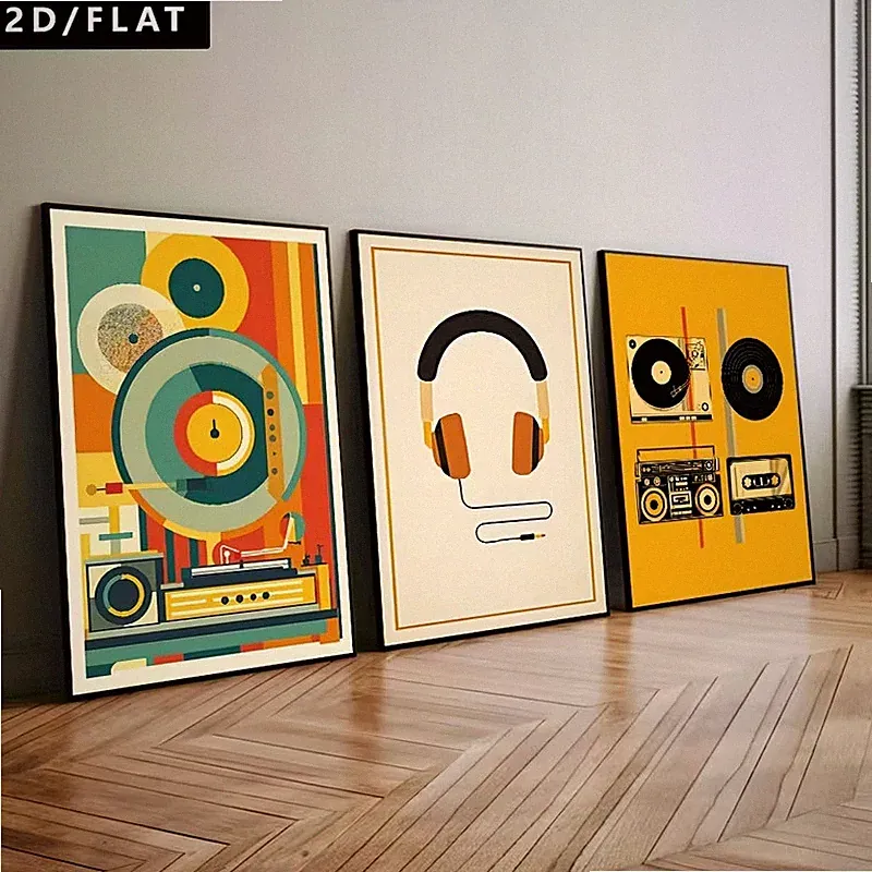 3er Leinwanddruck Set Retro Vintage Musik Schallplatte Kopfhörer 70er