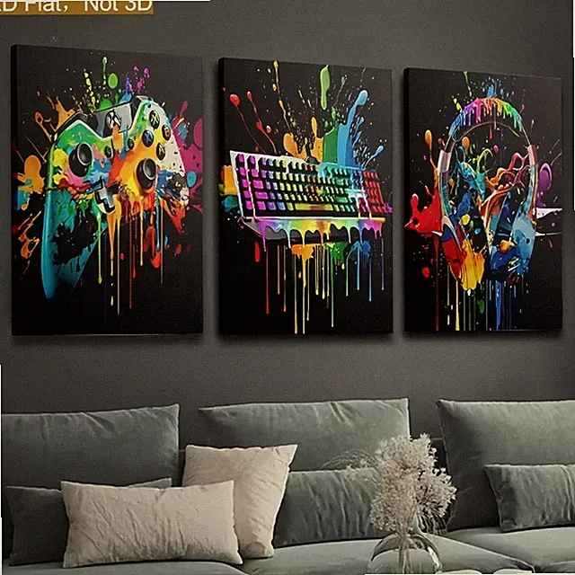 3er Leinwanddrucke Gaming Neonfarben Wanddekoration Wohnkunst Jugendzimmer