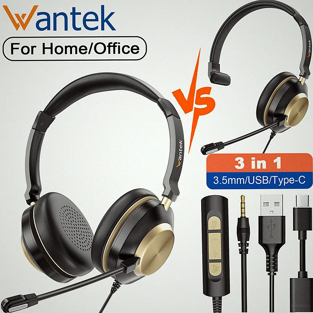 3in1 Headset mit Kabel Mikrofon 3.5mm/USB/Type-C Kopfhörer für PC/Laptop/Handys