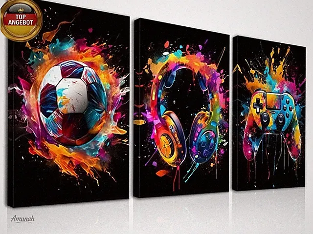 3Pcs Gerahmt Graffiti Jungen Zimmer Wandkunst, Bunte Fußball Kopfhörer Gamepad B