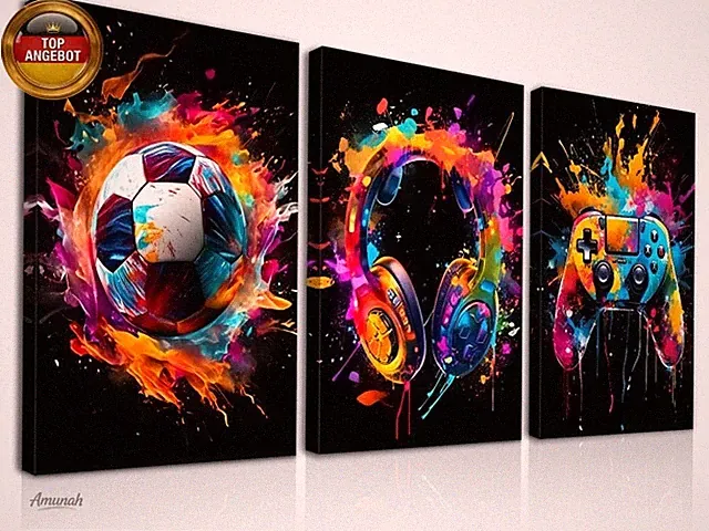 3Pcs Gerahmt Graffiti Jungen Zimmer Wandkunst, Bunte Fußball Kopfhörer Gamepad B