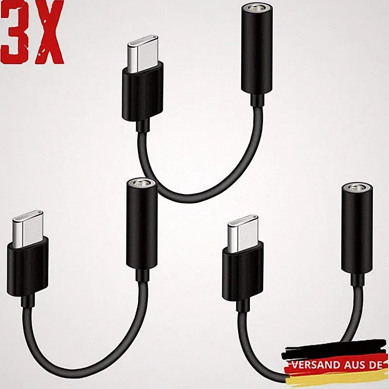3X USB Typ C auf zu Aux 3,5mm Klinke Kopfhörer Audio Adapter für Handy, Schwarz