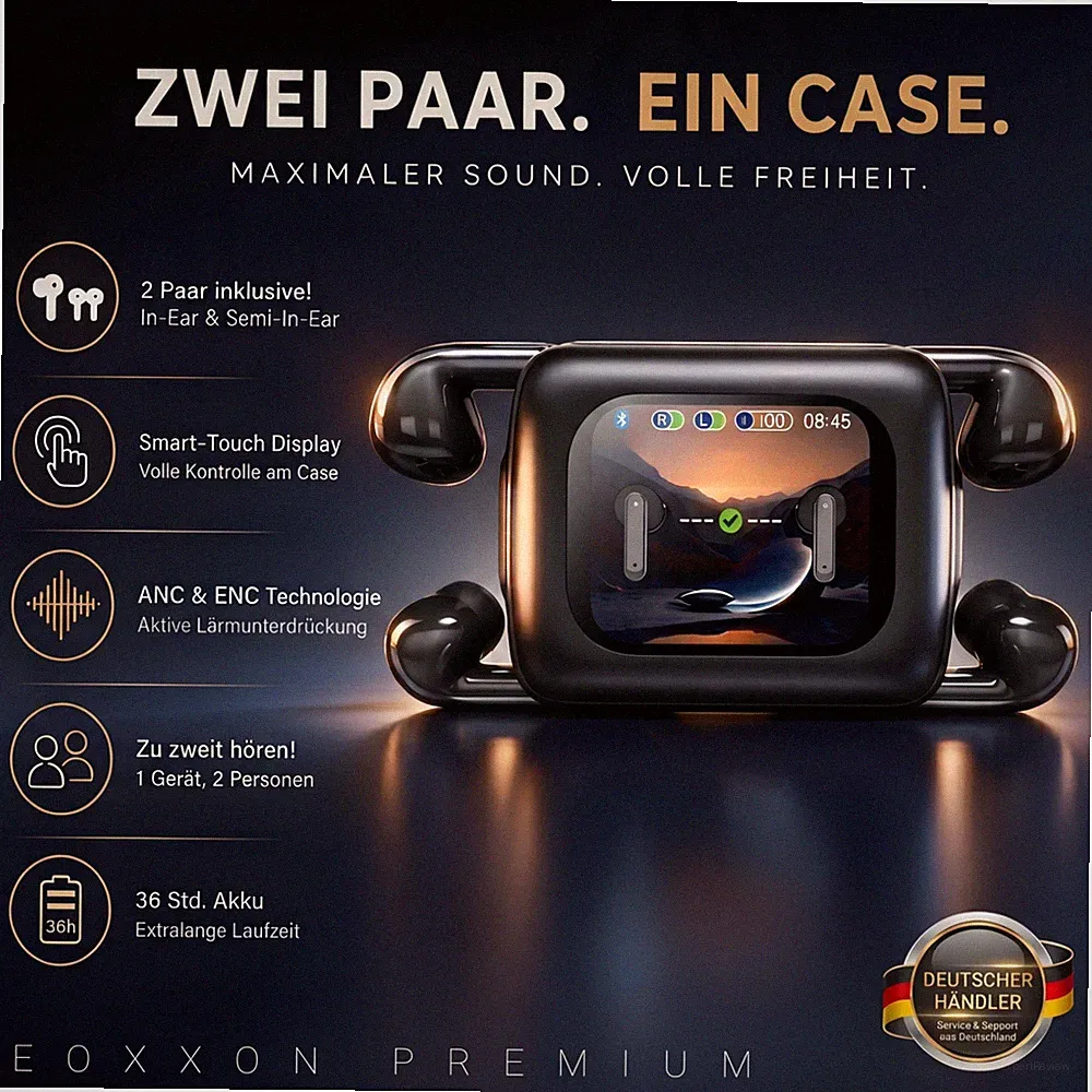 4-in-1 Set: 2 Paar In-Ear & Semi Bluetooth Kopfhörer Kabellos mit Touch-Display