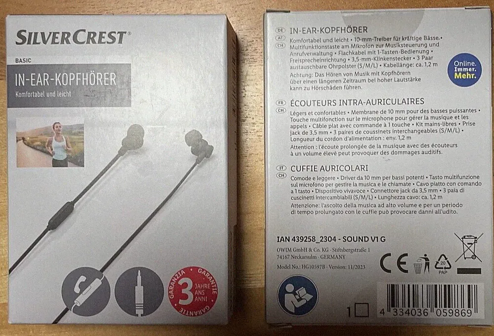 4x In Ear Kopfhörer mit Mikrofon, SilverCrest, komfortabel + leicht, 120cm Kabel