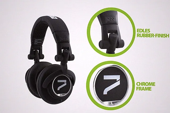 7even Headphone black, Kopfhörer für Dj, Hifi, Sport, dreh-klappbar, Kabel steck