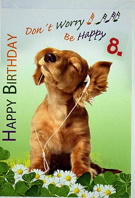 8. Geburtstag Glückwunschkarte mit Zahl 8 und Umschlag Hund Kopfhörer Happy Birt