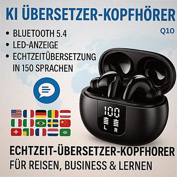 AI Übersetzer Kopfhörer Bluetooth Sprachübersetzer 150 Sprachen Echtzeit App Q10
