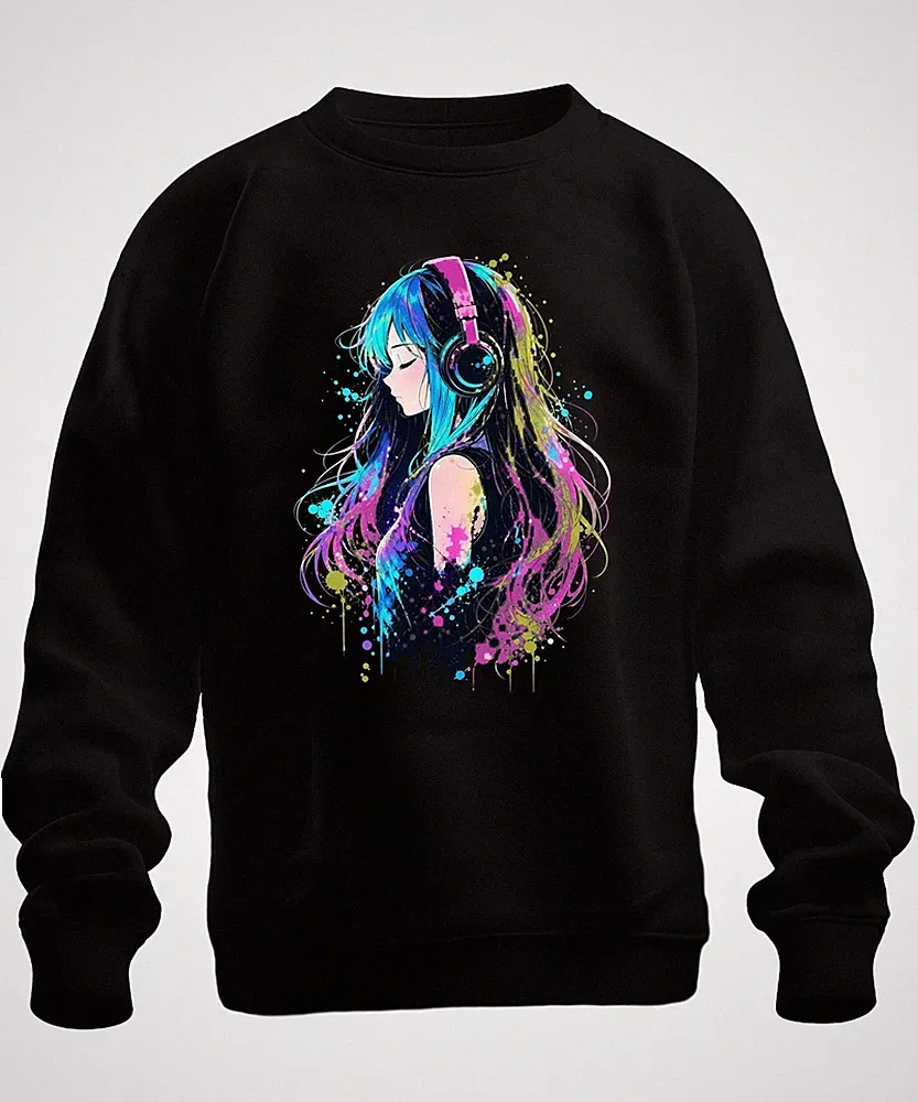 Anime Girl Kopfhörer Musik Neon Bunt Kawaii Manga Gamerin Sweatshirt Pullover