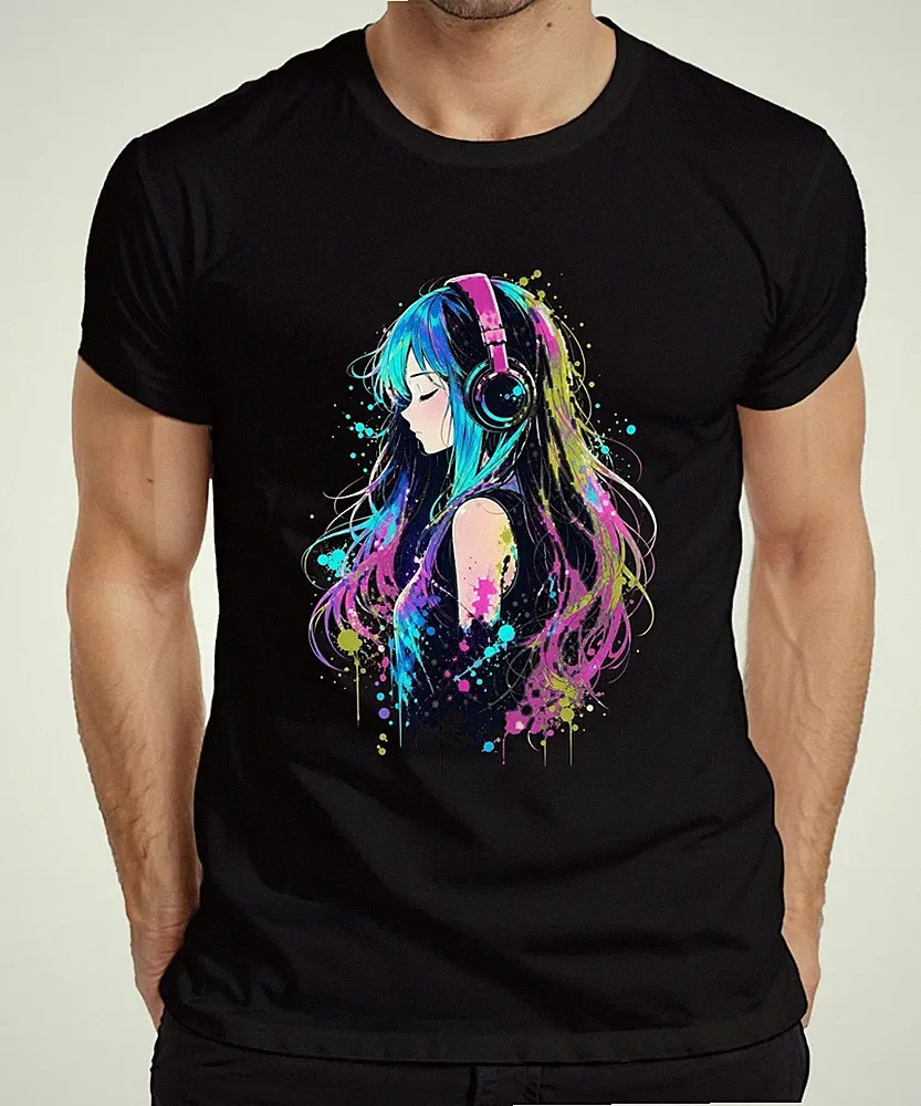 Anime Girl Kopfhörer Musik Neon Bunt Kawaii Manga Otaku Gamerin Herren T-Shirt