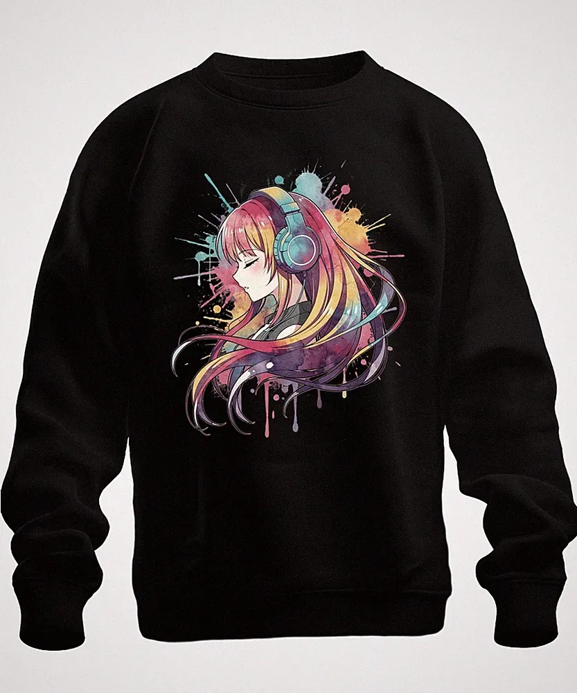 Anime Mädchen Kopfhörer Musik Aquarell Kawaii Manga Otaku Sweatshirt Pullover