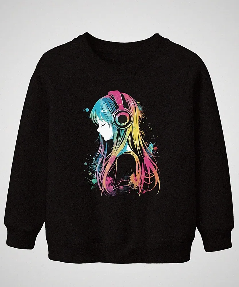 Anime Mädchen Kopfhörer Musik Bunt Aquarell Gaming Kinder Sweatshirt Pullover