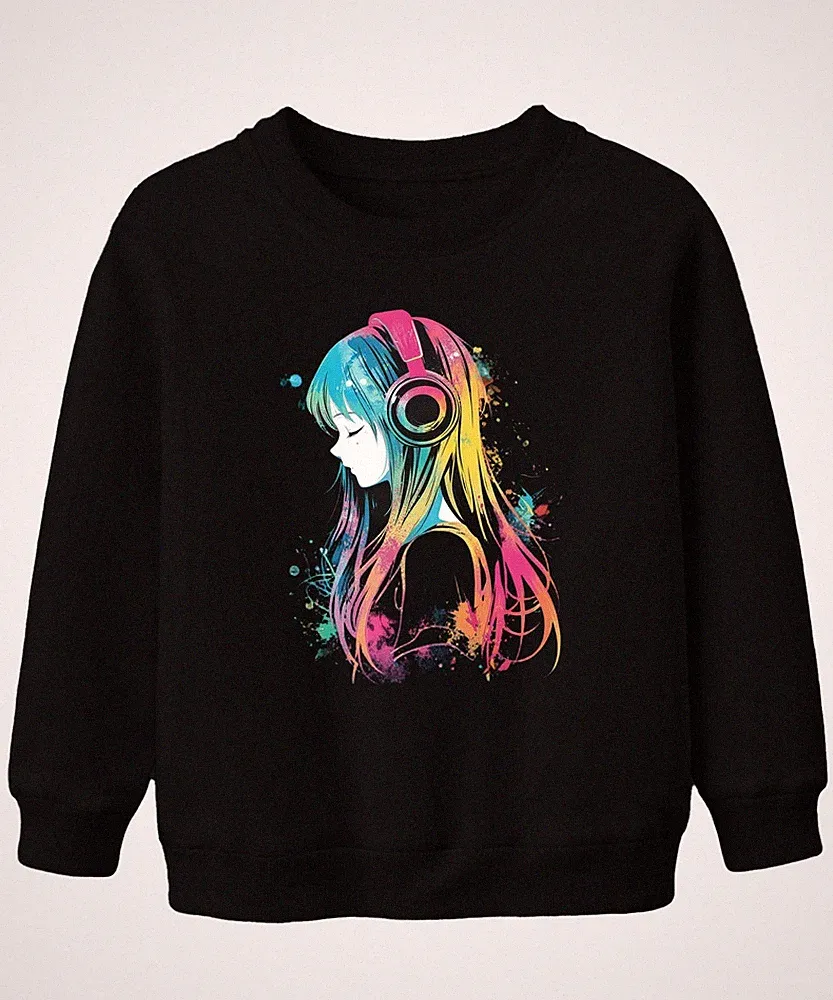 Anime Mädchen Kopfhörer Musik Bunt Aquarell Gaming Kinder Sweatshirt Pullover