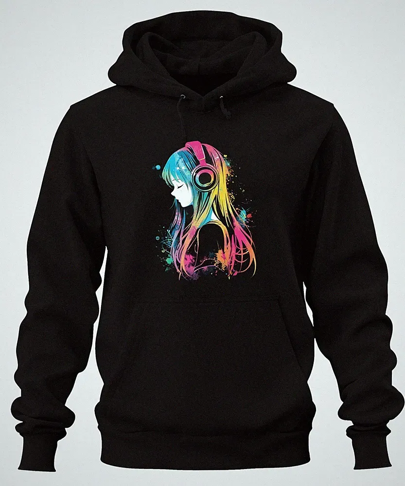 Anime Mädchen Kopfhörer Musik Bunt Aquarell Manga Gaming Hoodie Kapuzenpullover