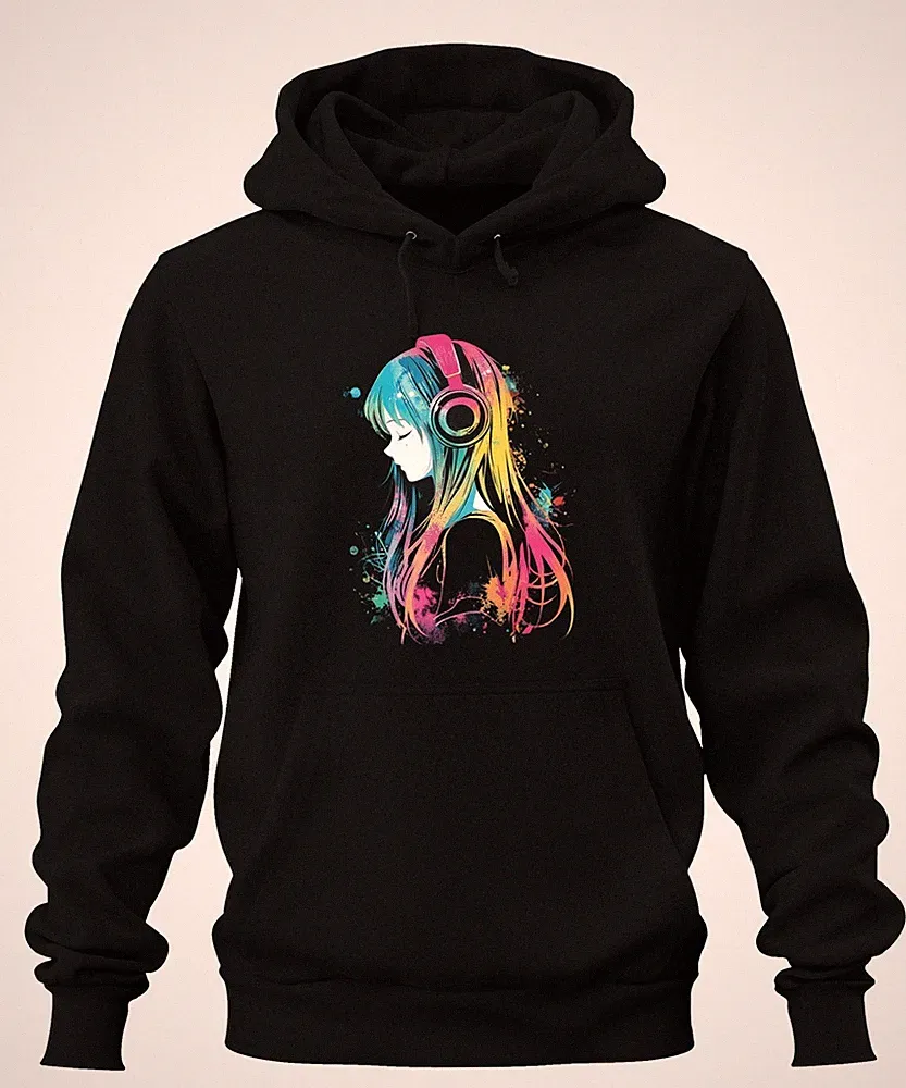 Anime Mädchen Kopfhörer Musik Bunt Aquarell Manga Gaming Hoodie Kapuzenpullover
