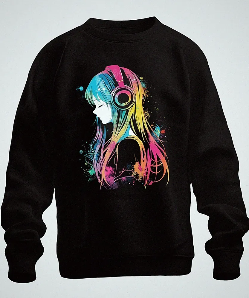 Anime Mädchen Kopfhörer Musik Bunt Aquarell Manga Gaming Sweatshirt Pullover