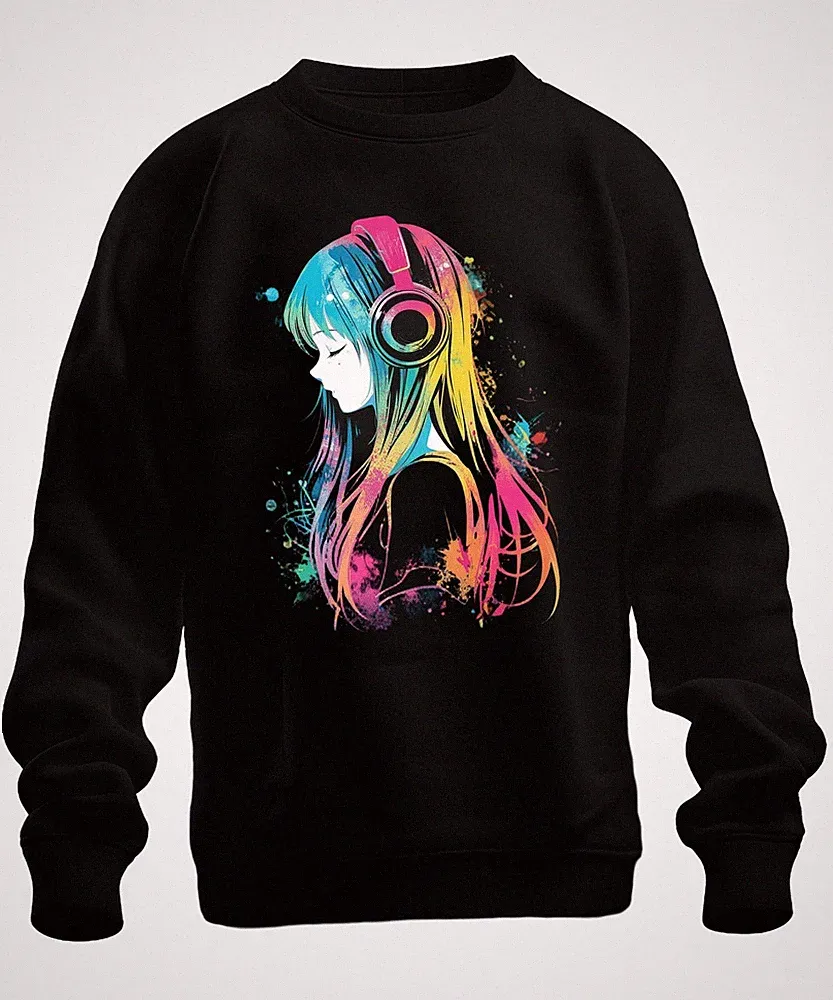 Anime Mädchen Kopfhörer Musik Bunt Aquarell Manga Gaming Sweatshirt Pullover