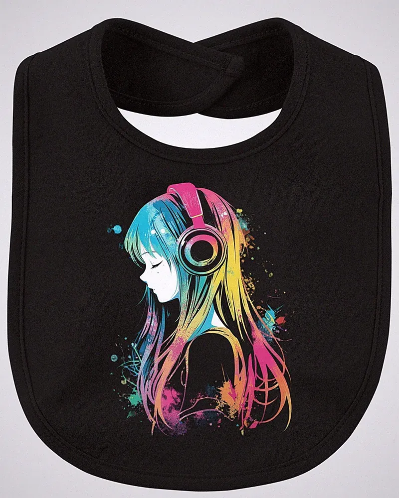 Anime Mädchen Kopfhörer Musik Bunt Aquarell Manga Otaku Gaming Baby Lätzchen