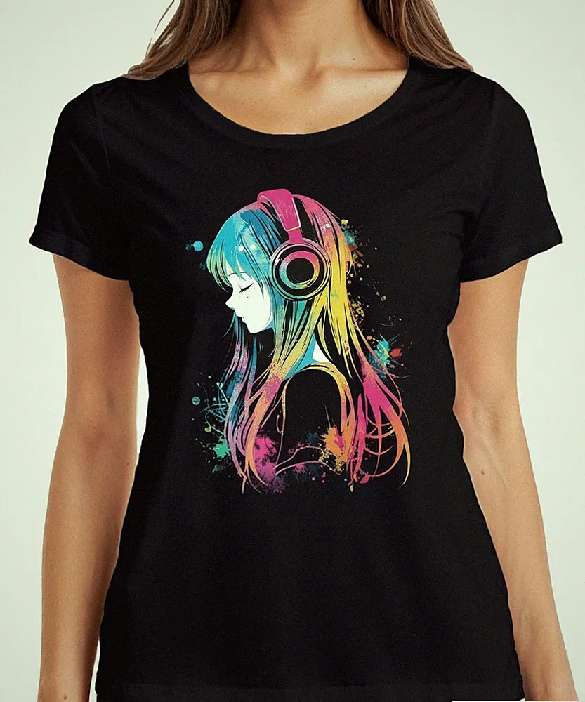 Anime Mädchen Kopfhörer Musik Bunt Aquarell Manga Otaku Gaming Damen T-Shirt