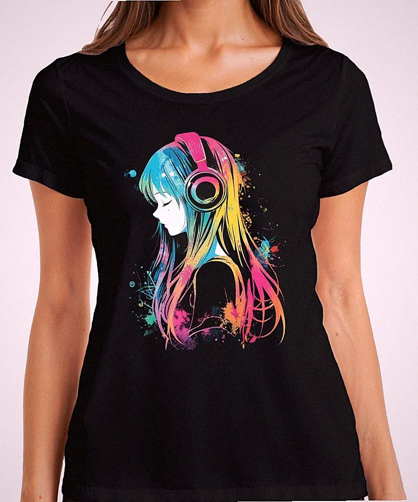 Anime Mädchen Kopfhörer Musik Bunt Aquarell Manga Otaku Gaming Damen T-Shirt