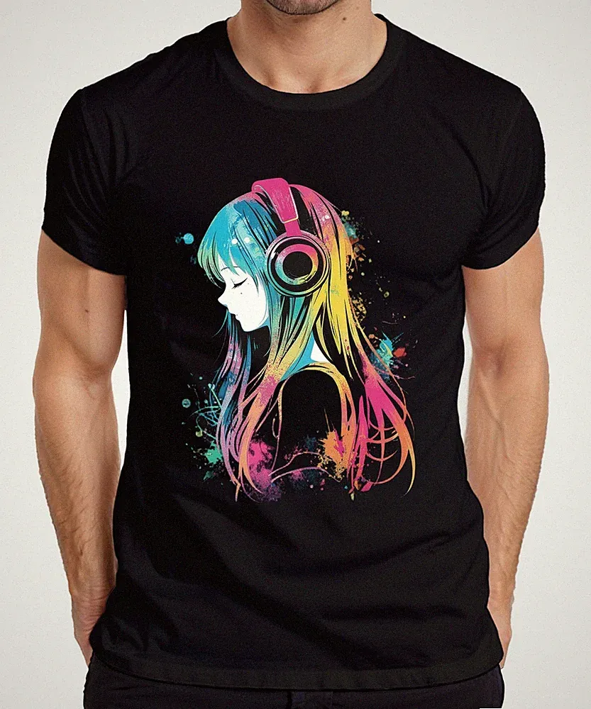 Anime Mädchen Kopfhörer Musik Bunt Aquarell Manga Otaku Gaming Herren T-Shirt