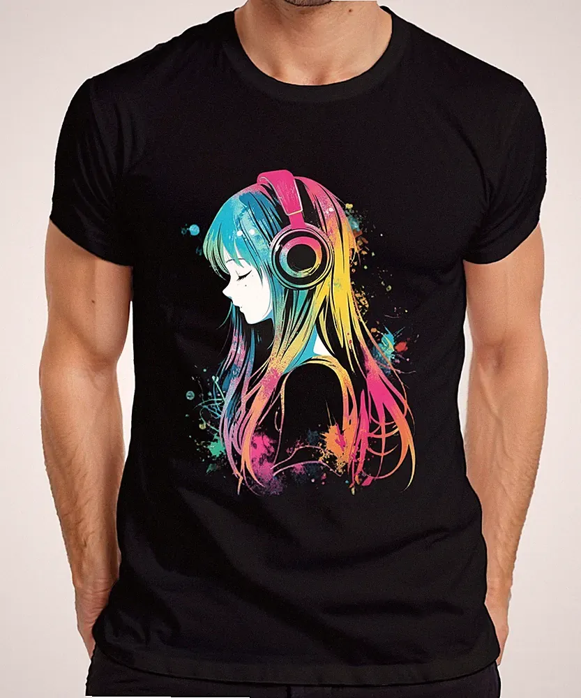 Anime Mädchen Kopfhörer Musik Bunt Aquarell Manga Otaku Gaming Herren T-Shirt