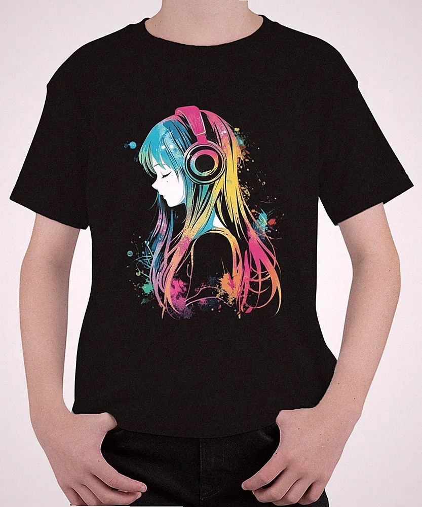 Anime Mädchen Kopfhörer Musik Bunt Aquarell Manga Otaku Gaming Kinder T-Shirt