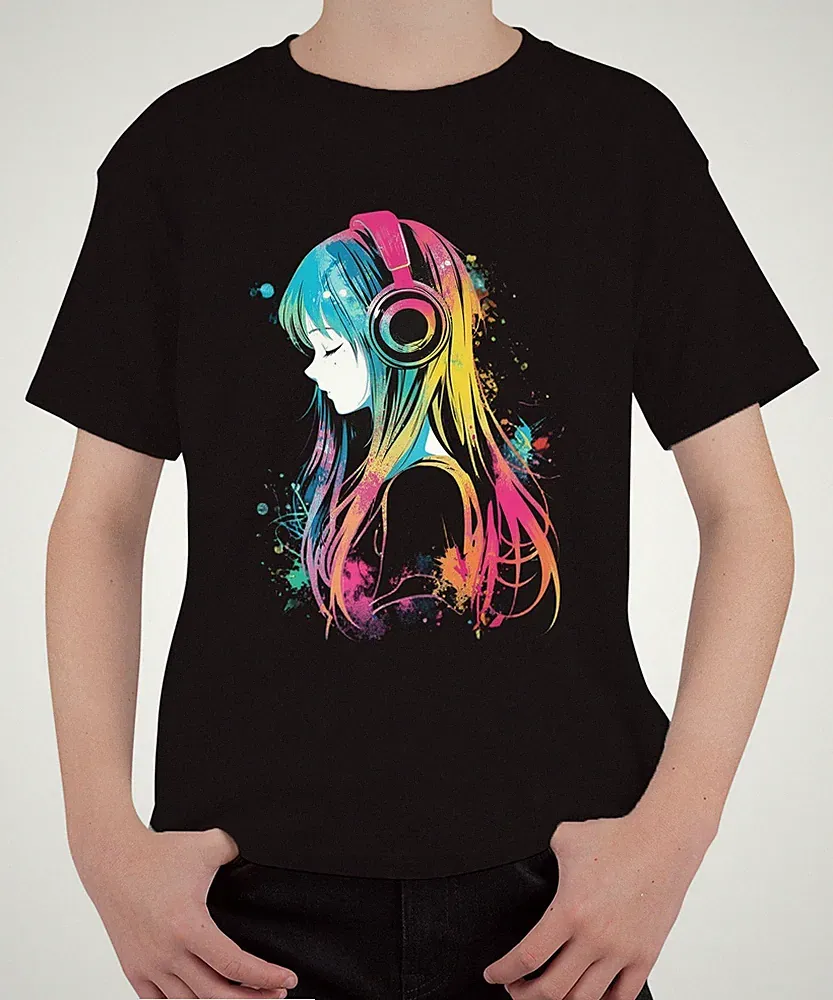 Anime Mädchen Kopfhörer Musik Bunt Aquarell Manga Otaku Gaming Kinder T-Shirt