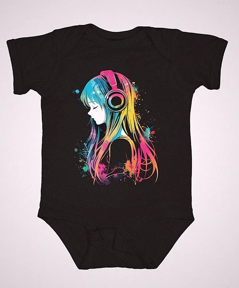 Anime Mädchen Kopfhörer Musik Bunt Aquarell Manga Otaku Japan Gaming Baby Body