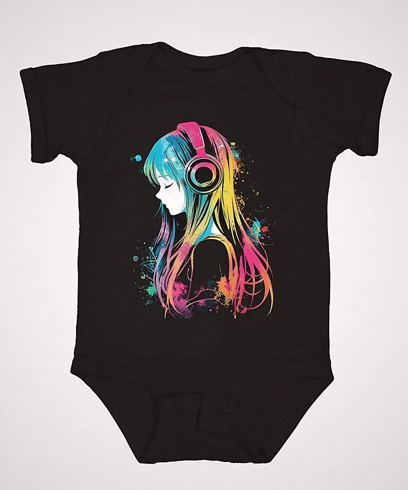 Anime Mädchen Kopfhörer Musik Bunt Aquarell Manga Otaku Japan Gaming Baby Body