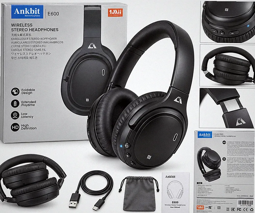 Ankbit E600 Bluetooth Kopfhörer Wireless Over-Ear aptX HD NFC faltbar Schwarz