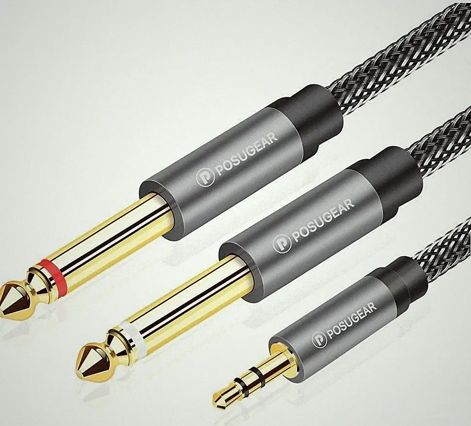 Audio Splitter 3,5 mm auf 2x6,35 mm 1 m Nylon Kabel Klinke Adapter Kopfhörer Mix