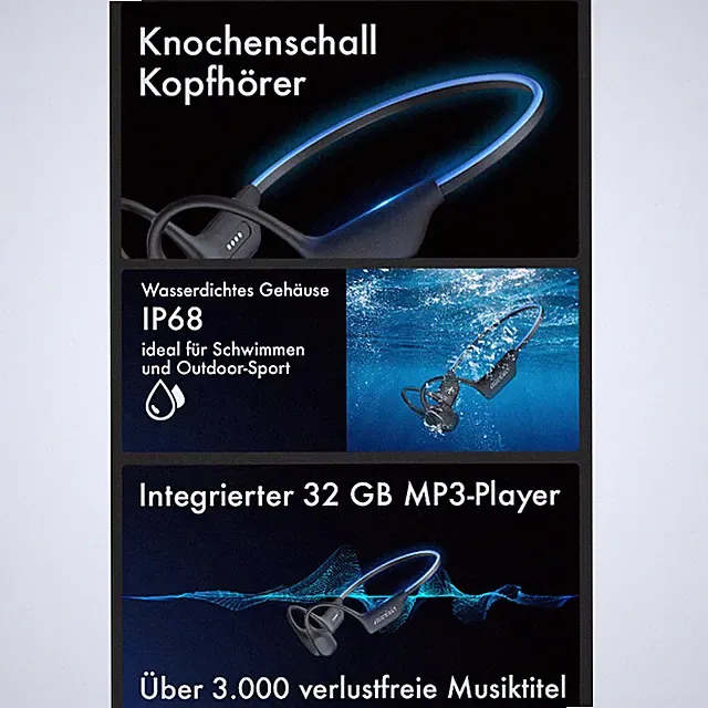 auvisio Wasserdichte Knochenschall-Kopfhörer, BT 5.3, 32 GB MP3-Player, IP68