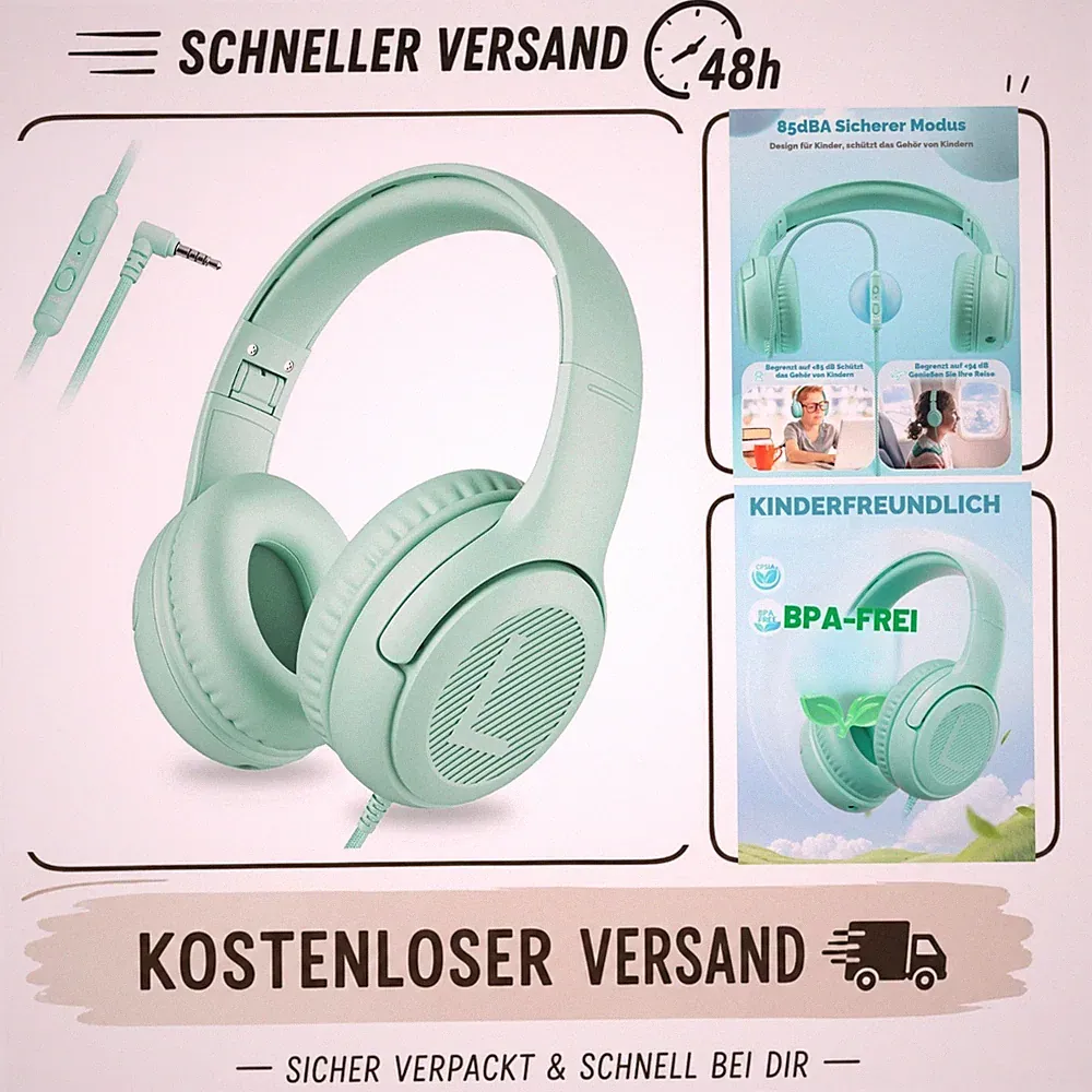 awatrue Kinder Kopfhörer 3,5 mm Kabel Over-Ear Grün Lautstärkebegrenzung