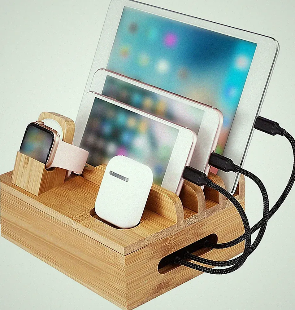 Bamboo USB Ladestation Holz Organizer Handy Tablet Watch Halter Schreibtisch