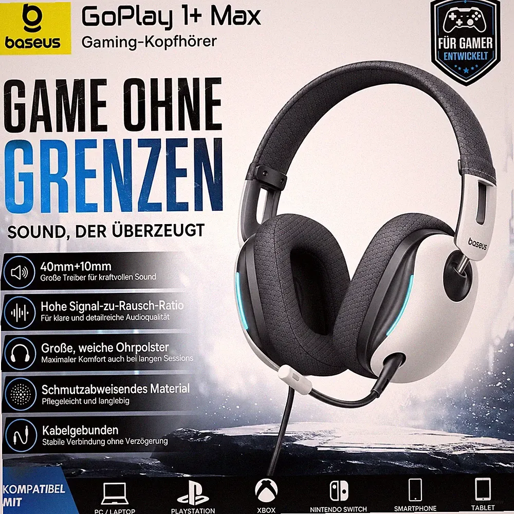 Baseus GoPlay 1+ Max Gaming Headset USB-A Weiß 7.1 Surround Abnehmbares Mikrofon