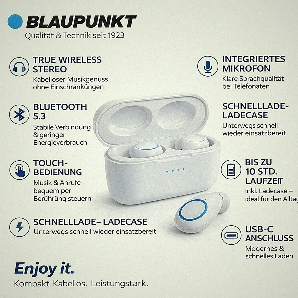 BLAUPUNKT BTW 10 WH Bluetooth 5,3- Kopfhörer TWS – True Wireless Earbuds/ Touch/