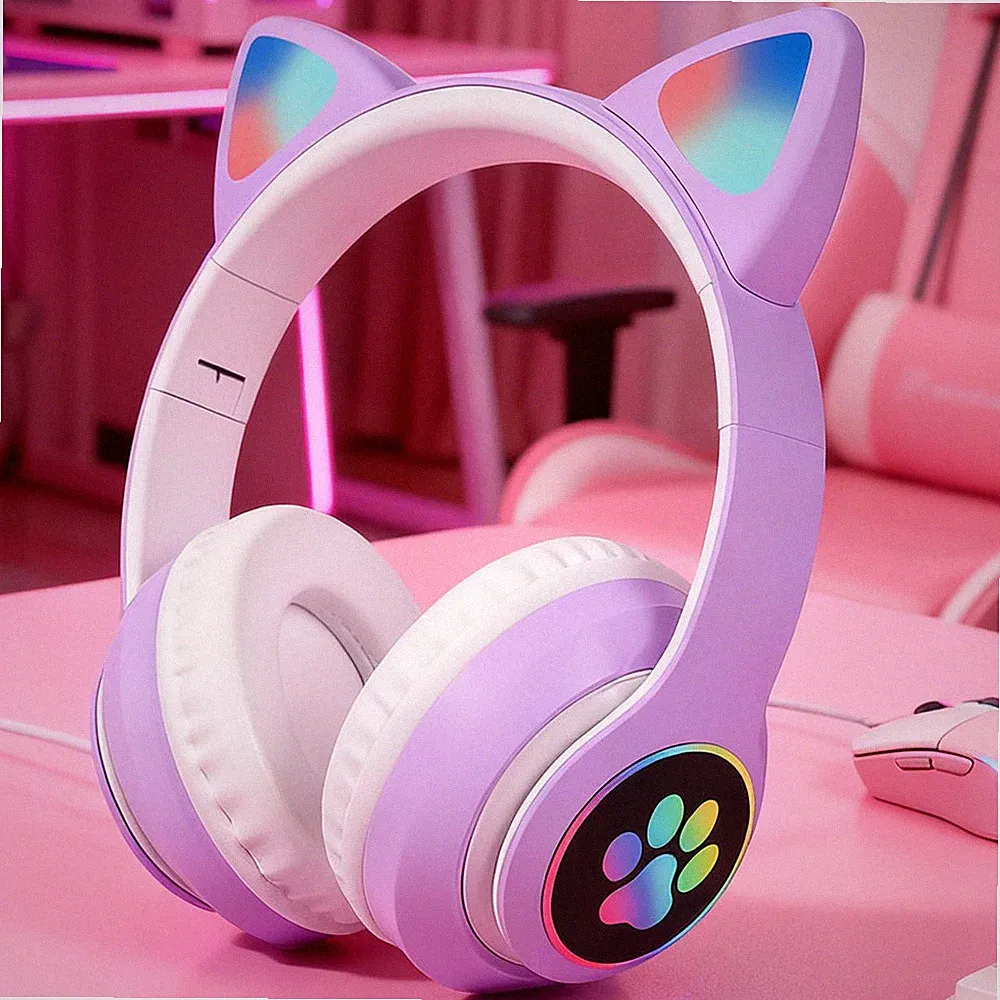 Bluetooth 5.0 Kopfhörer Stereo LED Katzenohr Faltbare Headset Kinder Over-Ear