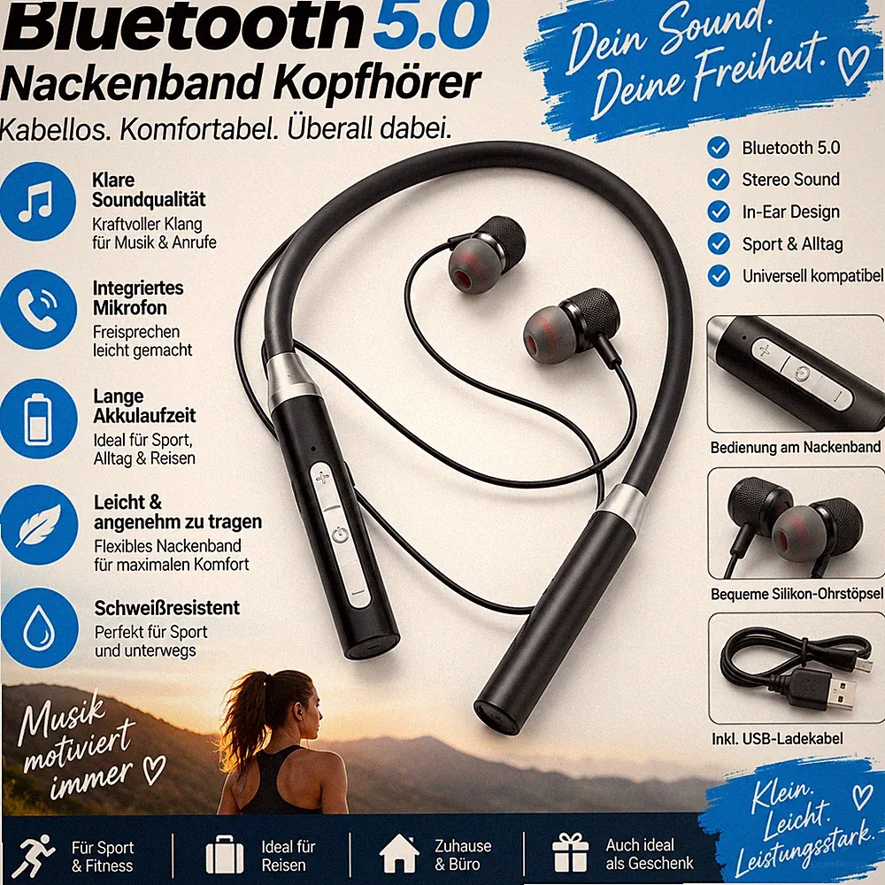 Bluetooth 5.0 Nackenband Kopfhörer In-Ear Sport Headset Schwarz inkl. Ladekabel