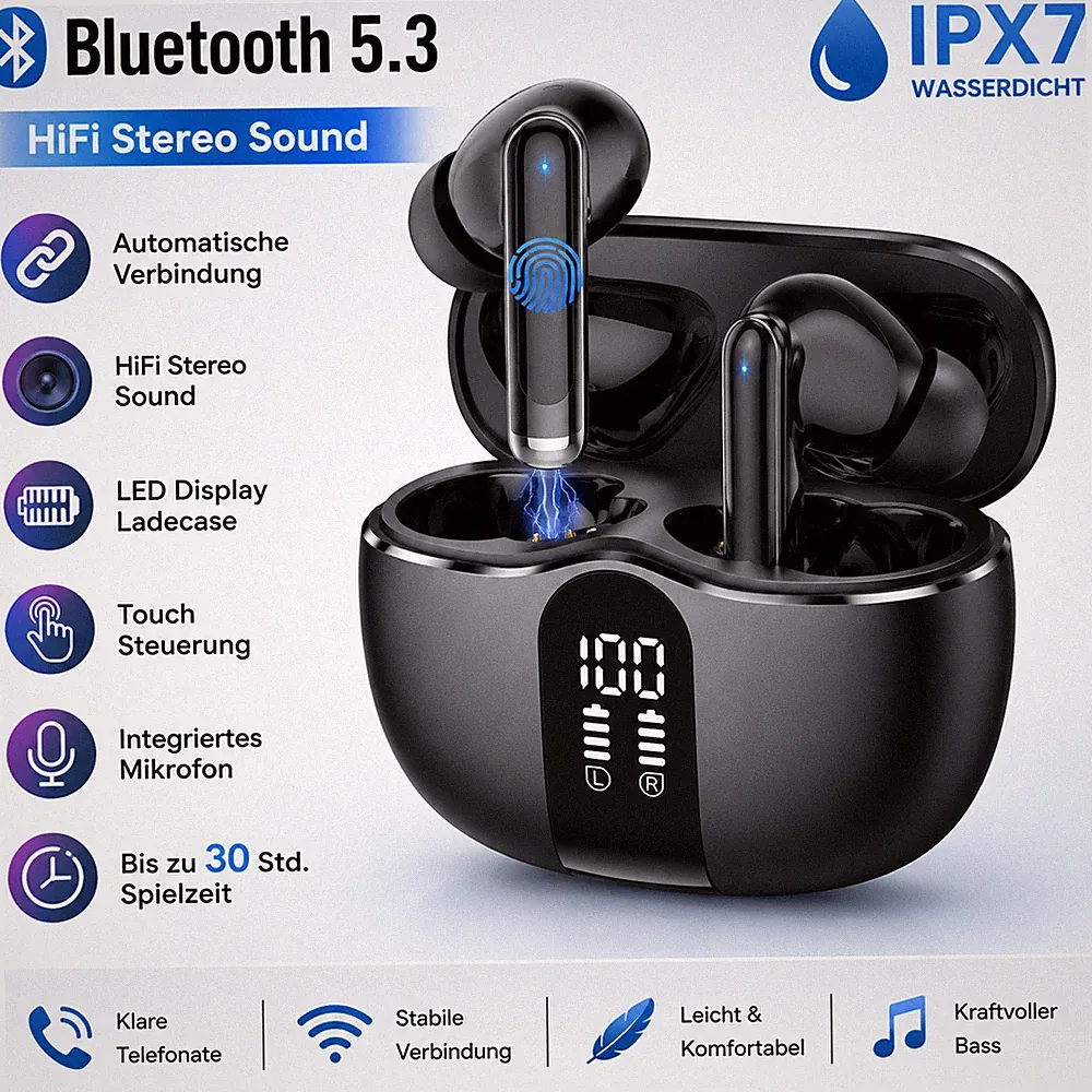 Bluetooth 5.3 Kopfhörer In-Ear TWS Wireless Earbuds Display Ladecase Schwarz S56