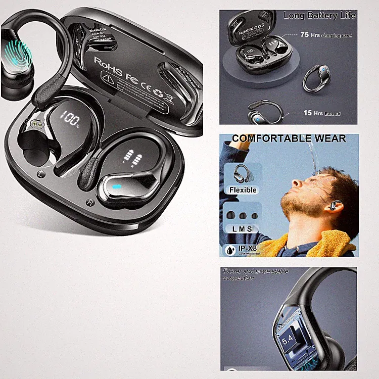Bluetooth 5.4 Kopfhörer Sport, Kabellos In-Ear mit 75 Std Spielzeit, IP-X8, ENC