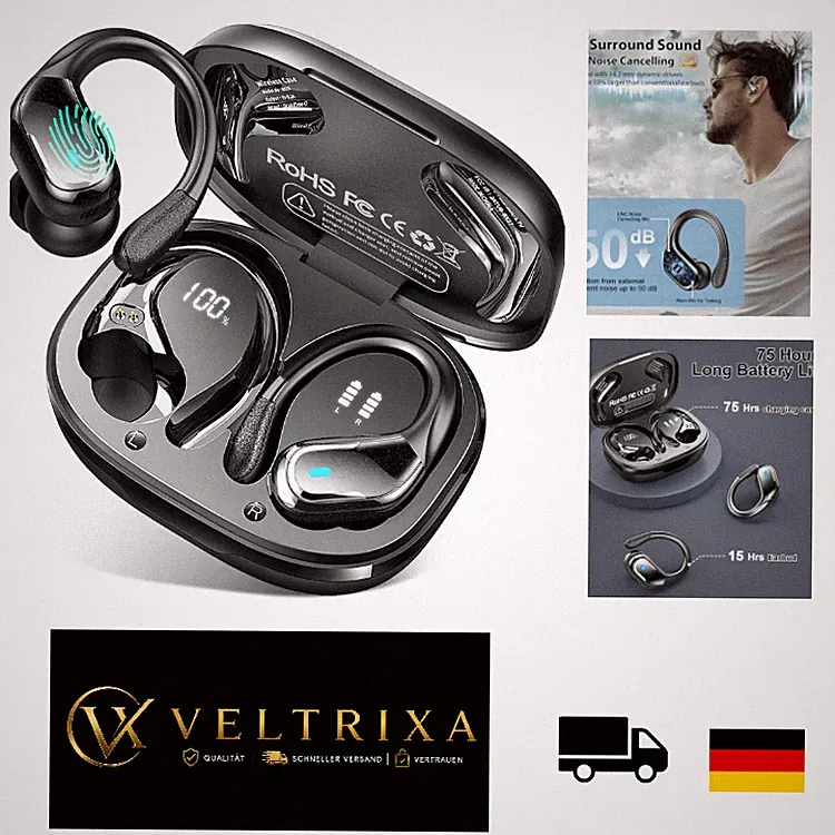 Bluetooth 5.4 Sportkopfhörer, 75 Std Spielzeit, wasserresistent, In Ear, Hi-Fi